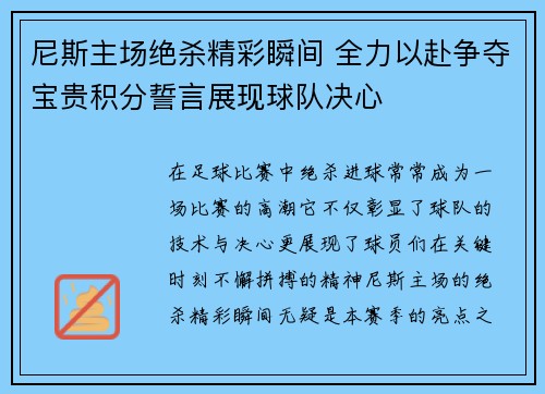 尼斯主场绝杀精彩瞬间 全力以赴争夺宝贵积分誓言展现球队决心